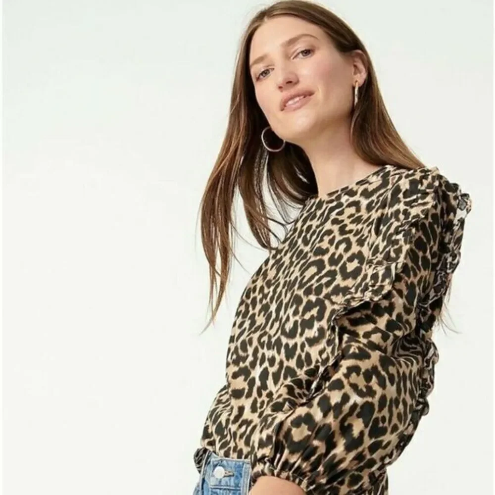 J.CREW Leopard Print Ruffle Sleeve Top Blouse  NWT XS